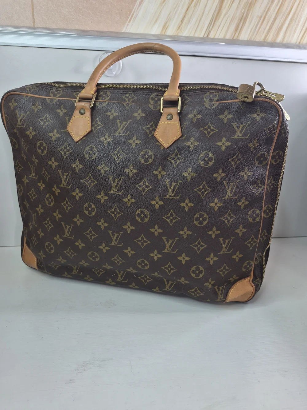 Louis Vuitton Monogram Canvas Briefcase with Tan Leather Trim